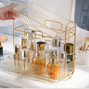 Two-Tier Clear Acrylic and Gold-Toned Metal Makeup Organizer Rack.