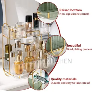 Two-Tier Clear Acrylic and Gold-Toned Metal Makeup Organizer Rack.