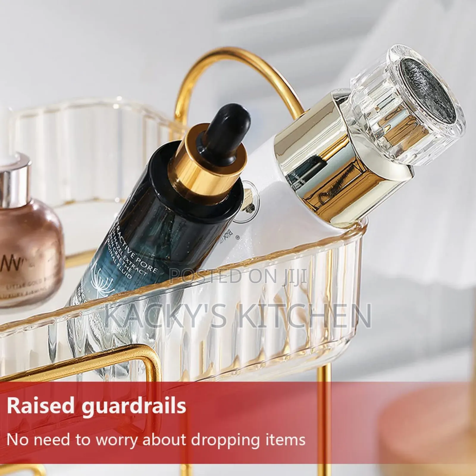 Two-Tier Clear Acrylic and Gold-Toned Metal Makeup Organizer Rack.