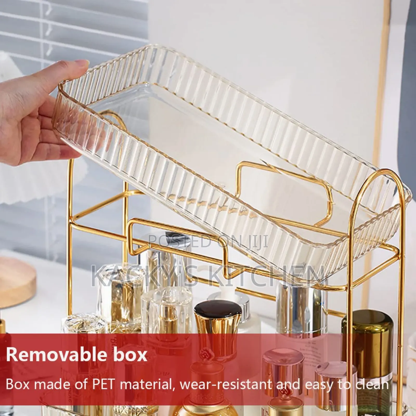 Two-Tier Clear Acrylic and Gold-Toned Metal Makeup Organizer Rack.