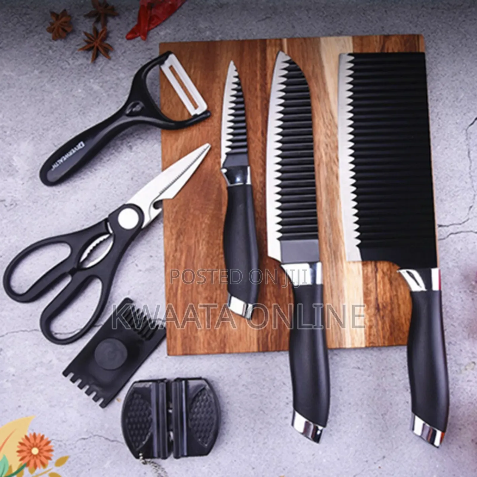 7pc Non-Stick Kitchen Knife Set Stainless Steel Corrugated Knife Black