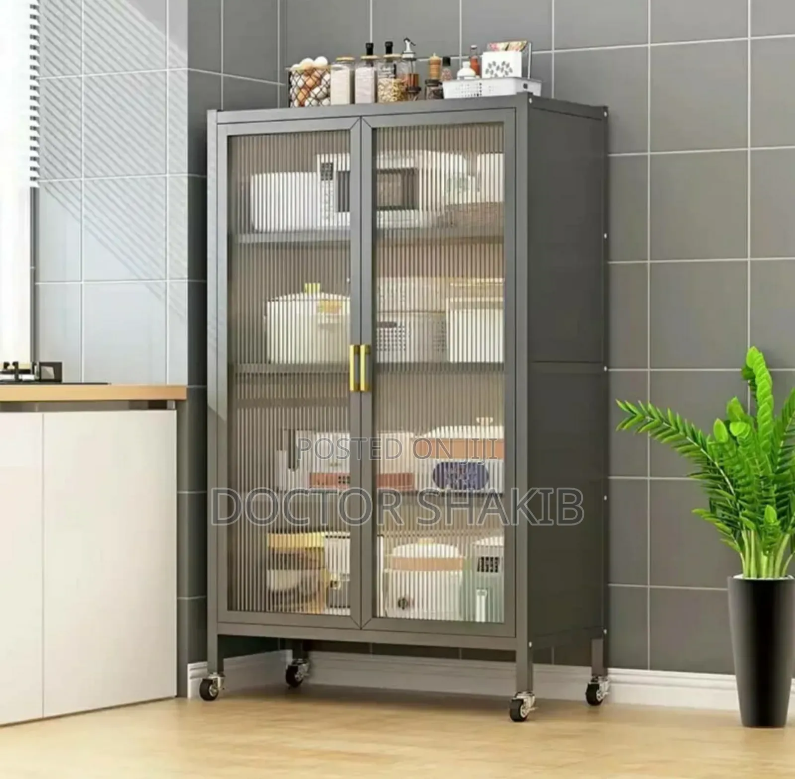 Metal Kitchen Multifunction Double Door Organiser Rack With Shelves