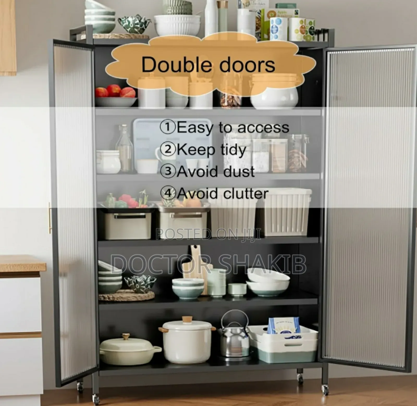 Metal Kitchen Multifunction Double Door Organiser Rack With Shelves