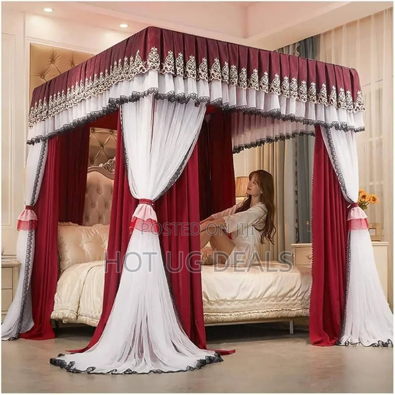 6x6 4 Stand Curtain Mosquito Net - Maroon , White