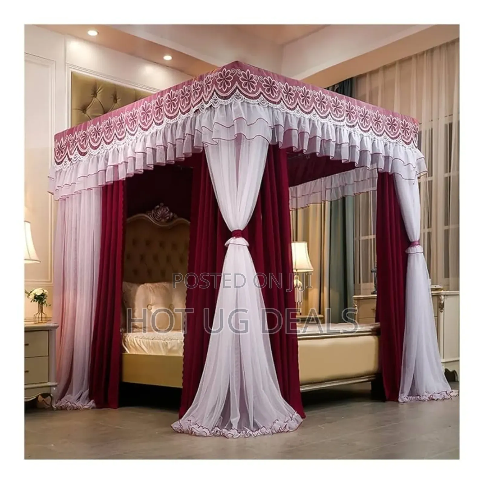 6x6 4 Stand Curtain Mosquito Net - Maroon , White