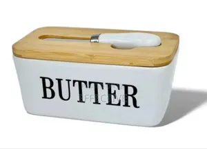 Ceramic Butter Dish Set, Bamboo Lid, and Steel Knife