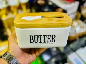 Ceramic Butter Dish Set, Bamboo Lid, and Steel Knife