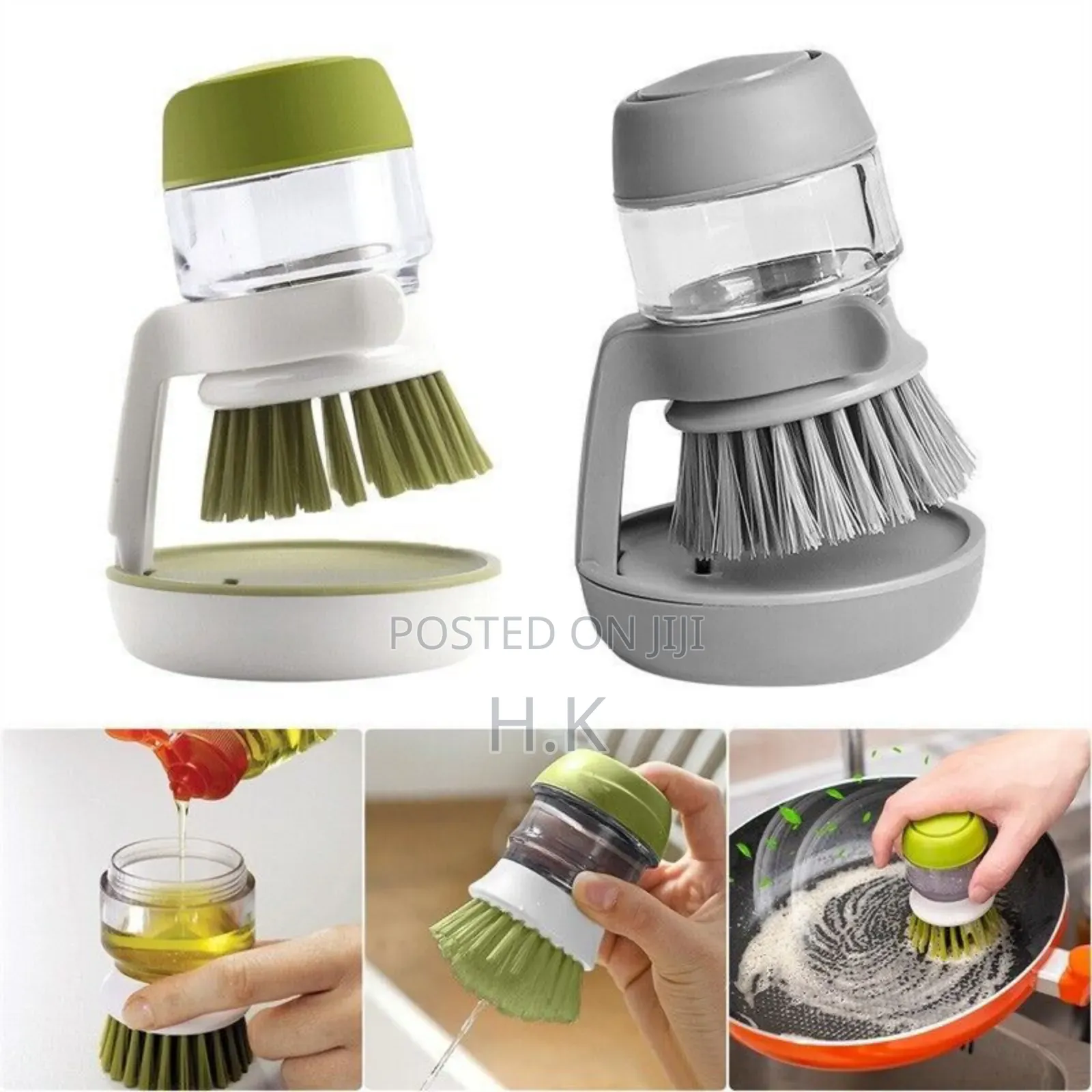 Soap-Dispensing Palm Scrub Brush With a Drip Tray and Stand.