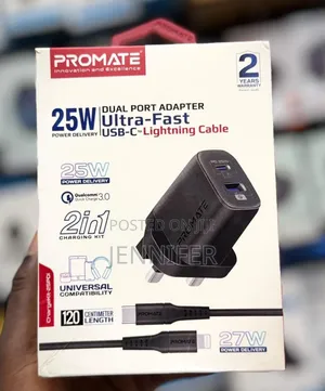 Promate 25w Dual Port Adapter Ultra Fast Usb-C to Lightning Cable