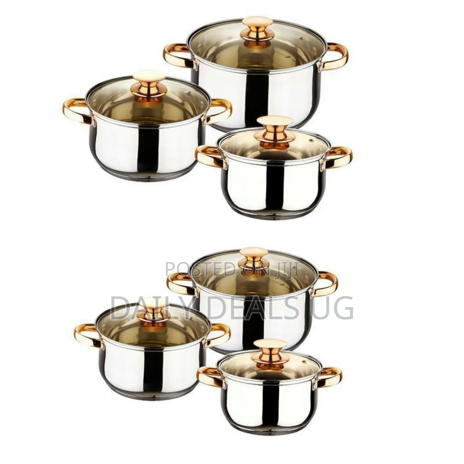 6 Pc Gold Handles Stainless Steel Saucepans Cookware Pots- Silver