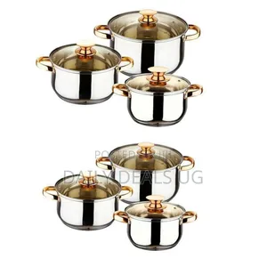 6 Pc Gold Handles Stainless Steel Saucepans Cookware Pots- Silver