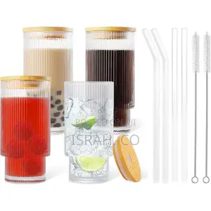 6 Pieces of Ribbed Glass Drinking Cup 320ml Round Glasses