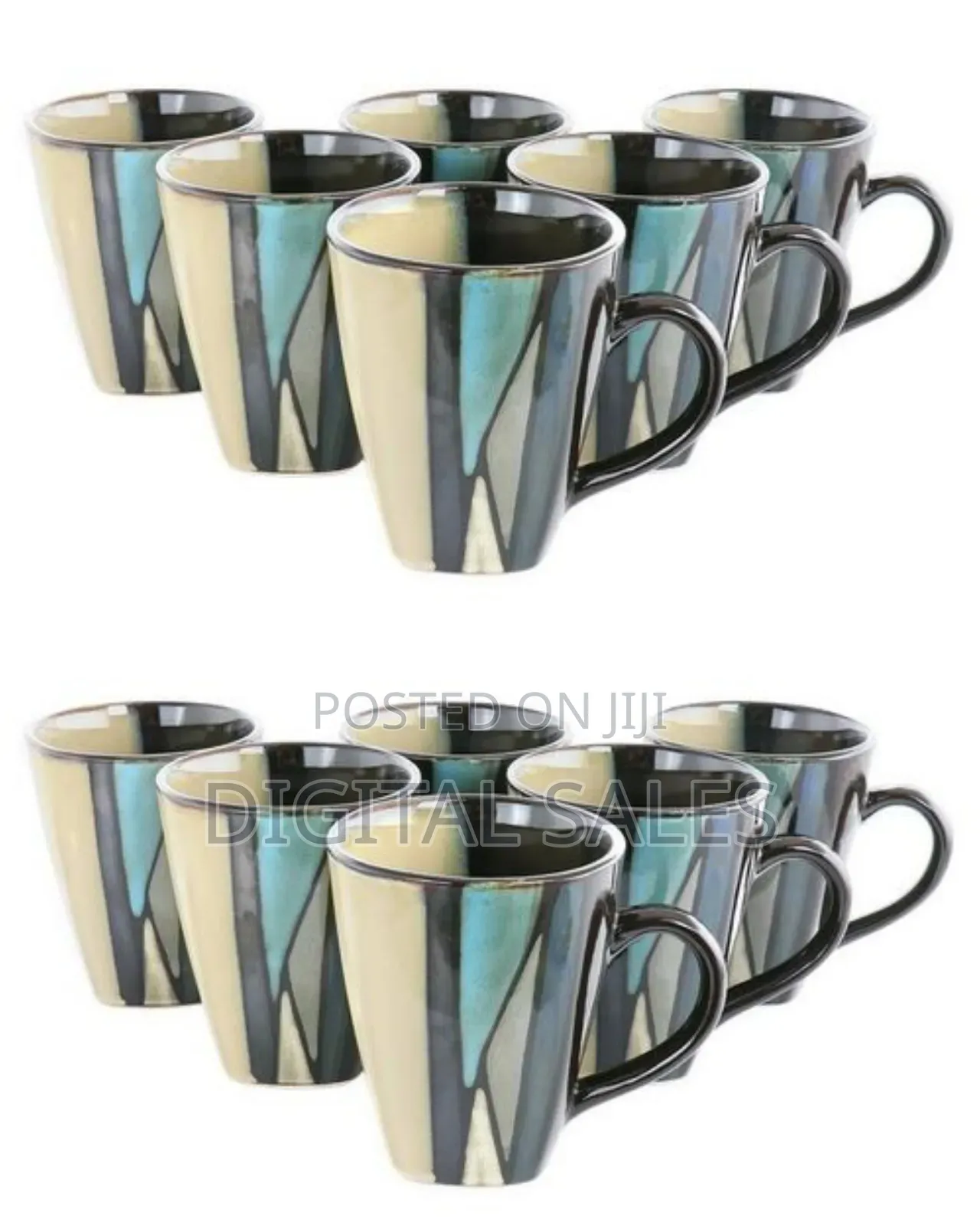 6 Pieces of Ceramic Blue Lined Square Coffee Tea Cups Drinking Mugs