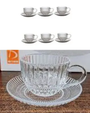 6 Pieces of Clear Ribbed Glass Tea Cups and Saucers Sets Coffee Mugs