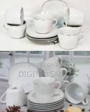 12 Piece Gold Line Diamond Cut White Cups and Saucer Coffee Cup Set