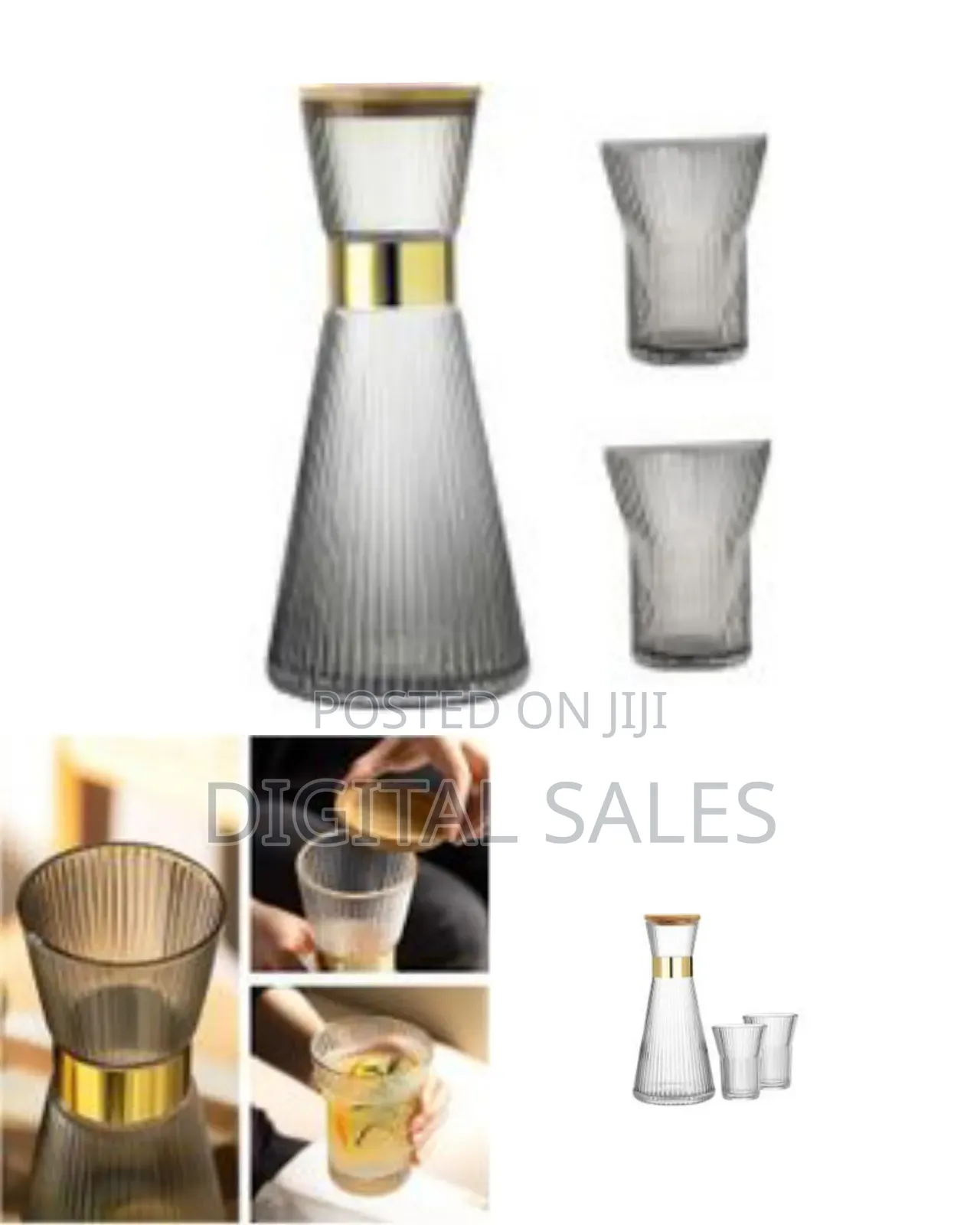 Ribbed Bedside Table Glass Water Carafe Set, 1 Crystal Glass Carafe
