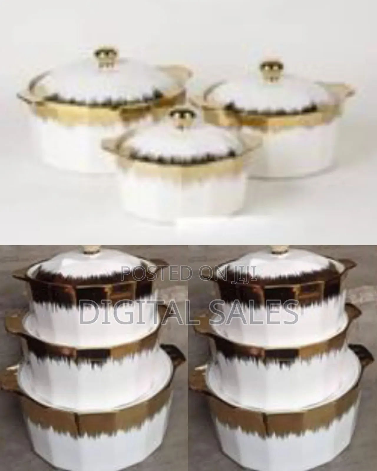 3 Pieces of Golden Rim Ceramic Serving Bowl Dishes Pots With Lids