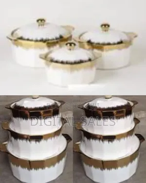 3 Pieces of Golden Rim Ceramic Serving Bowl Dishes Pots With Lids