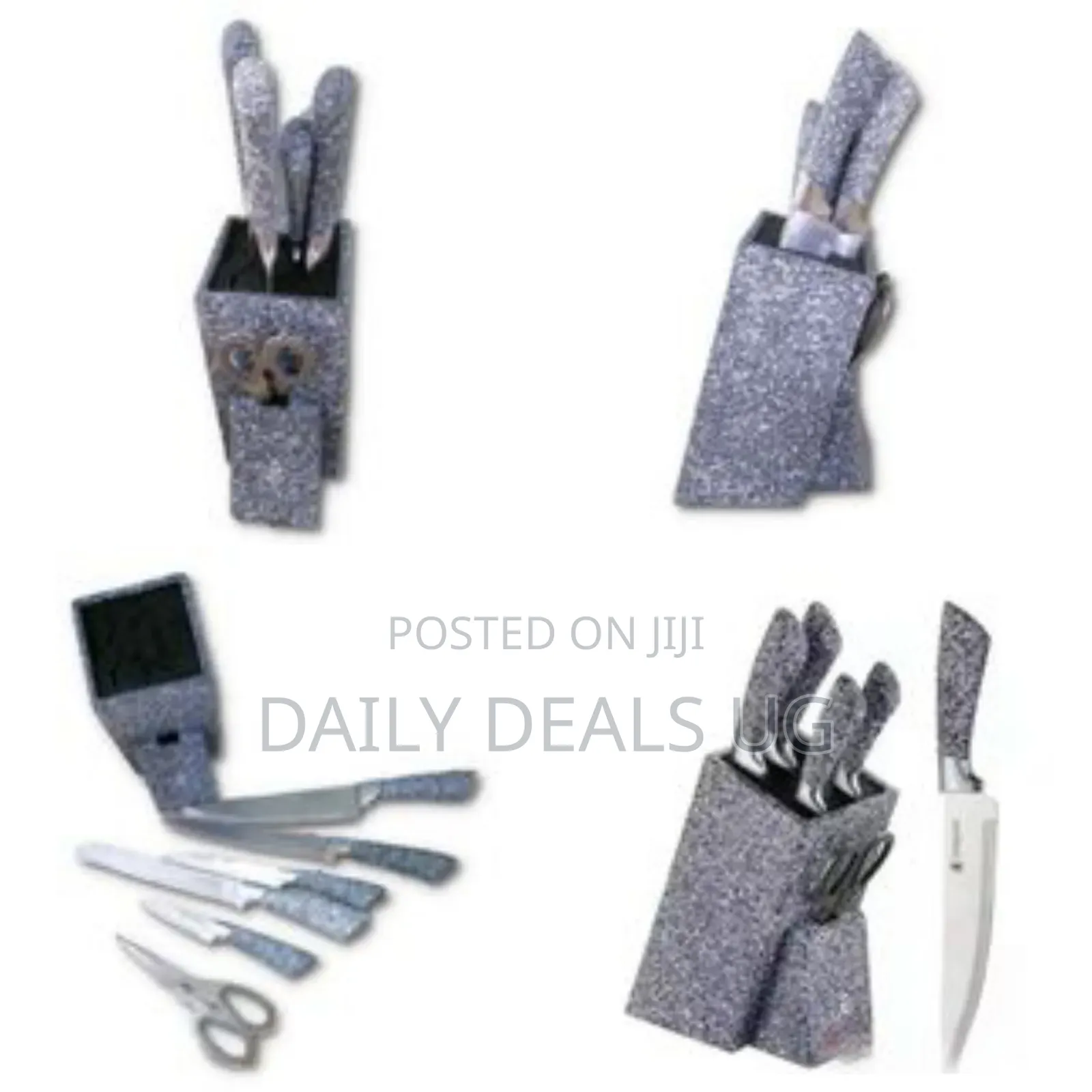 7 Piece Black Dotted Handle Knife Set in Wooden Stand - Grey