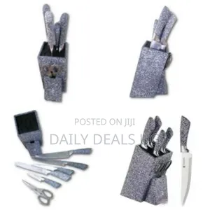 7 Piece Black Dotted Handle Knife Set in Wooden Stand - Grey
