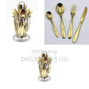 24 Pieces of Plain Cutlery (Forks,Spoons Knives) With a Stand - Gold