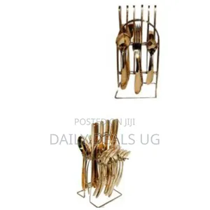 24pcs Cutlery (Forks,Spoons Knives) With a Stand - Gold