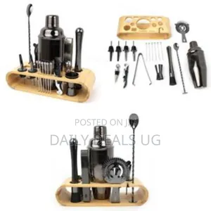 Stainless Steel Bartender Cocktail Shaker on Bamboo Woodstand Gift Set