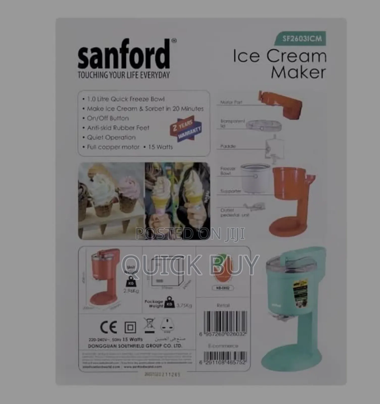 Sanford Ice Cream Maker, 1000ml Bowl, 15w