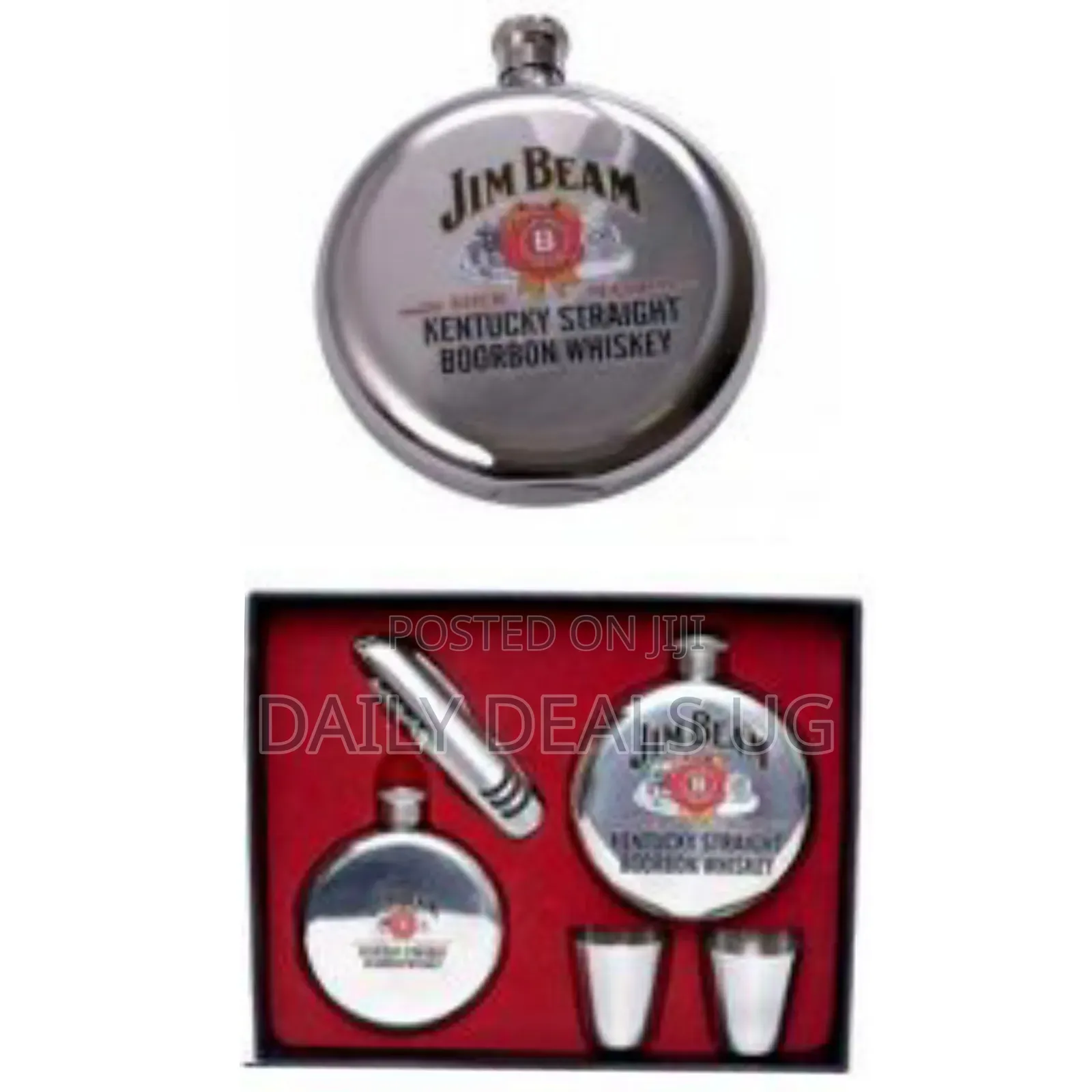 Jim Beam Liquor 2 Hip Flasks 2 Shot Glasses Gift Set Stainless Steel