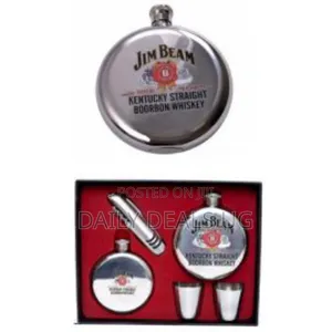 Jim Beam Liquor 2 Hip Flasks 2 Shot Glasses Gift Set Stainless Steel
