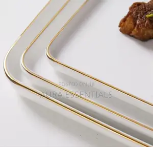 3pcs European-style White Square Plates With A Golden Rim