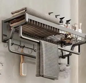 Wall-Mounted Bathroom Towel Rack With a Shelf, Towel Bar, and Hooks