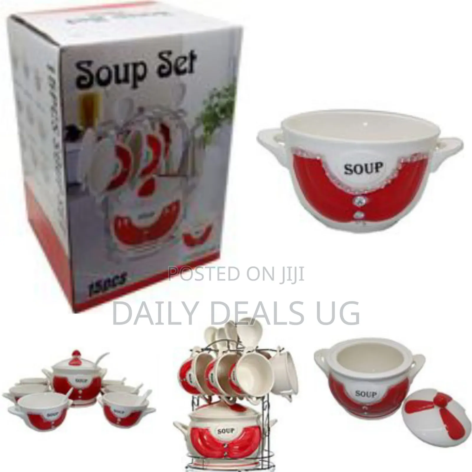 15-Piece Ceramic Soup Bowls Cups Spoond Set on Stand- Multi-Colour