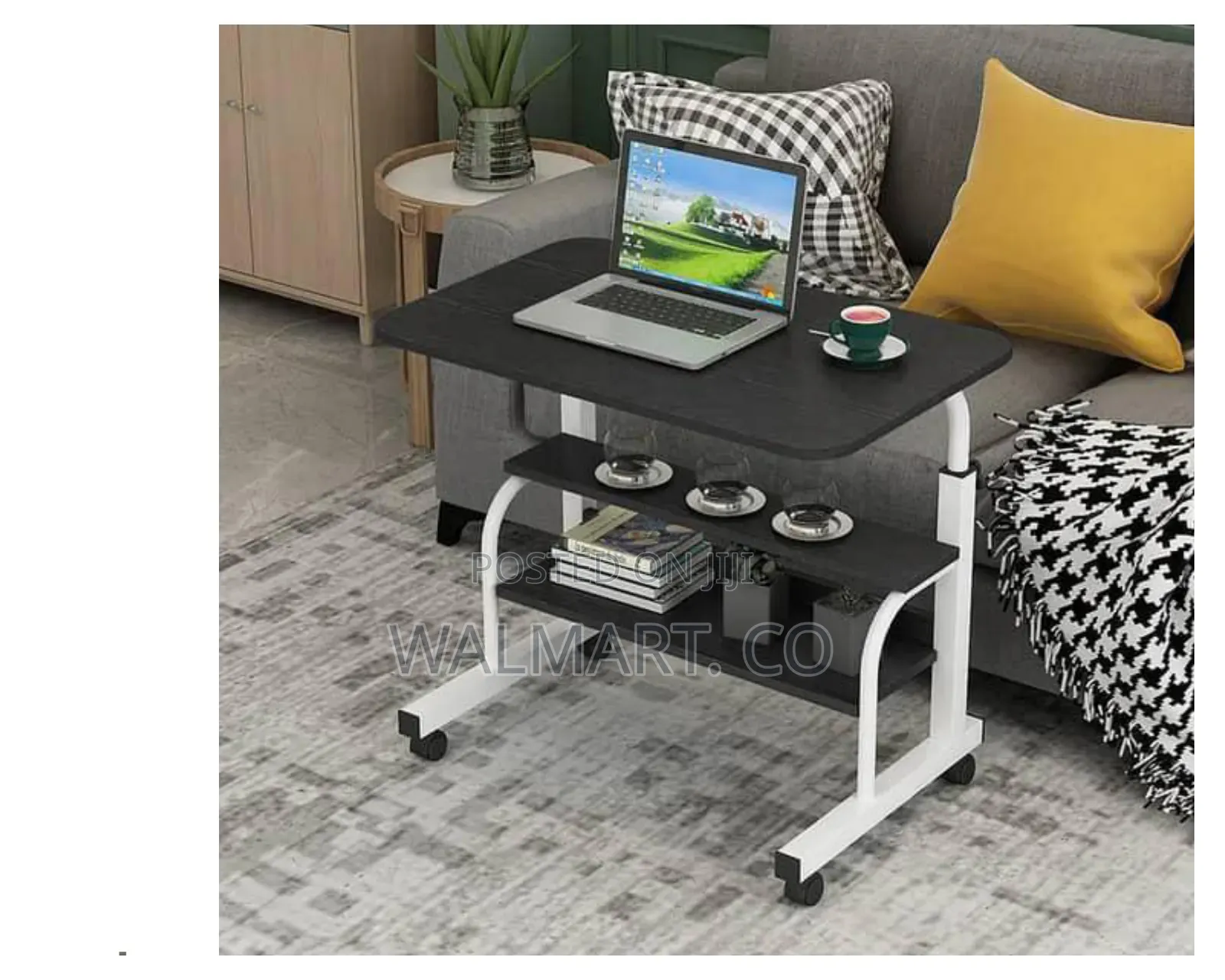 Adjustable Laptop Table With Storage Shelves and Rollers