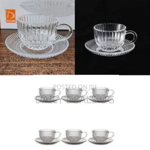 6 Pieces of Clear Ribbed Glass Tea Cups and Saucers Sets Coffee Mugs
