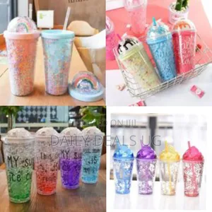 2-Layer Ice Cream Smoothie Juice Bottle Cup Kettle With Straw
