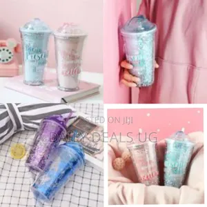 2-Layer Ice Cream Smoothie Juice Bottle Cup Kettle With Straw