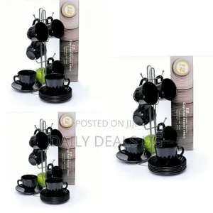 Wavy 6 Pieces of Tea Coffee Cups Mugs and 6 Saucers - Black