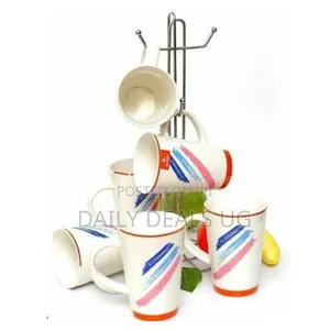 6 Pieces of Lined Tea Cups Printed Coffee Mugs Tumblers - Cream