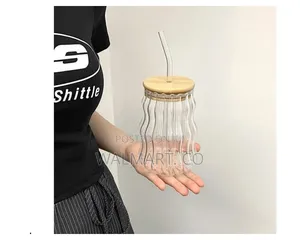 Ribbed Glass Tumbler With a Bamboo Lid and Straw