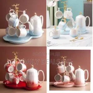 Tea Set With Metal Holder, Ceramic Cup Set for Tea Coffee With Teapot