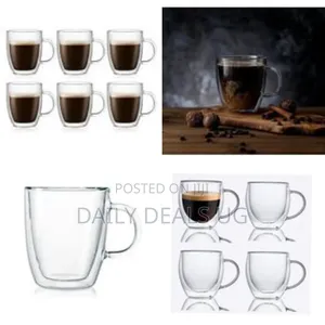 6 Piece Double Wall Glass Coffee Mugs Set With Handle, 8oz Tea Cups