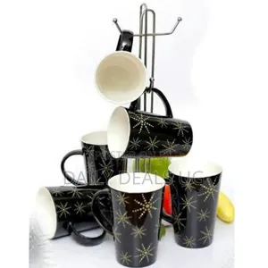 6 Pieces of Star Tea Cups Printed Coffee Mugs Tumblers - Black
