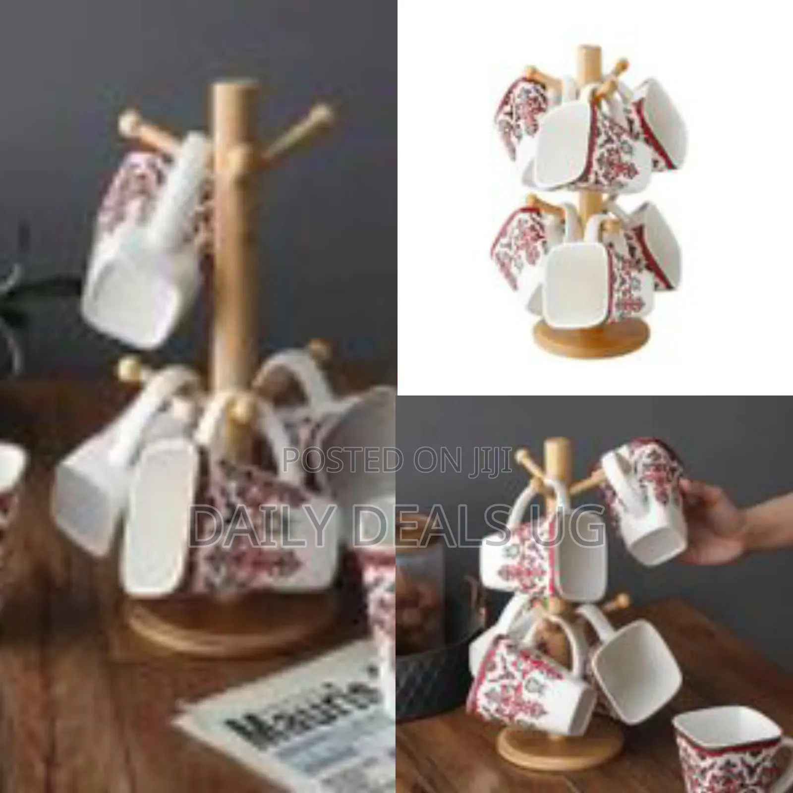 6 White Flowered Mugs Cups With Bamboo Stand Tree Holder With Thicker