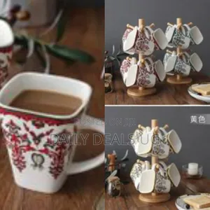 6 White Flowered Mugs Cups With Bamboo Stand Tree Holder With Thicker