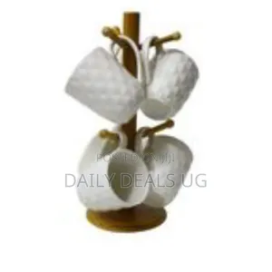 6 Pc Tea Cups on a Branch Wooden Stand - White,Brown