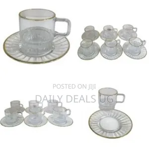 6 Pieces of Gold Line Glass Tea Coffee Cups Mugs and 6 Saucers