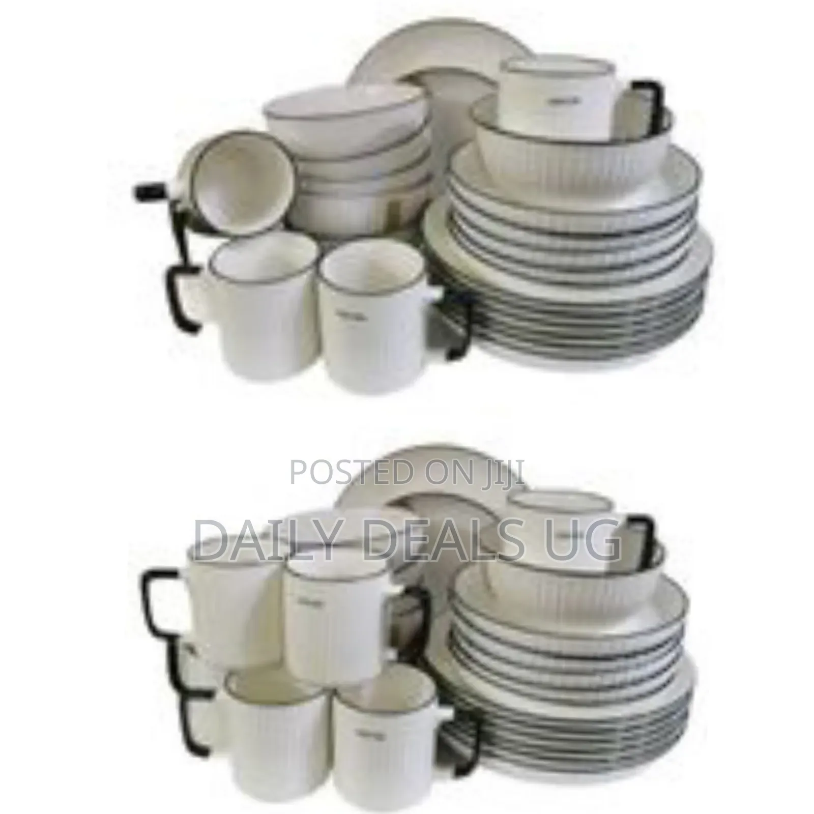 24pcs of Black Line Design Plates Bowls Cups Dinner Set - Cream
