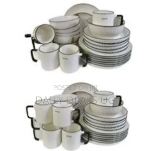 24pcs of Black Line Design Plates Bowls Cups Dinner Set - Cream