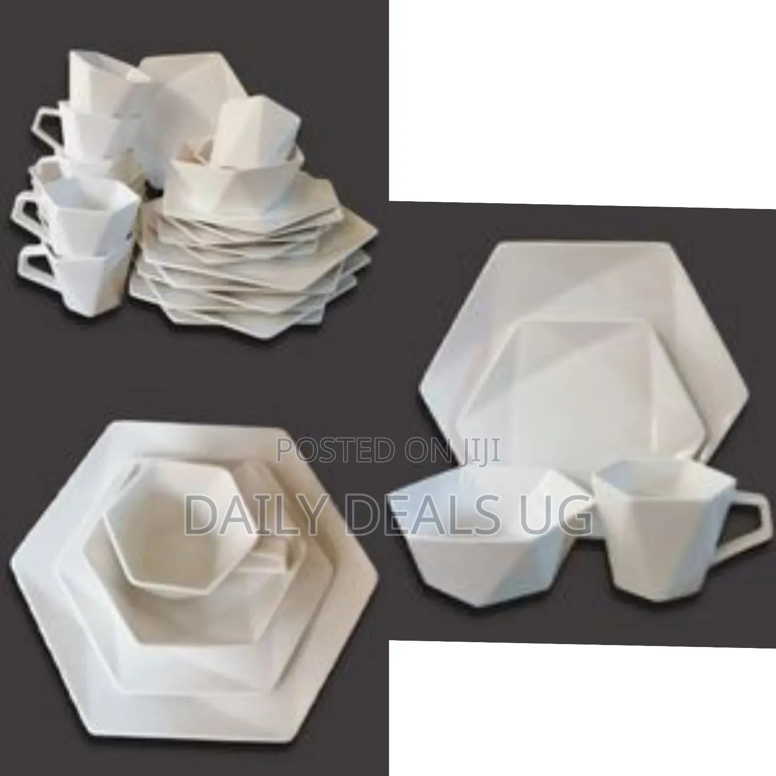 24 Pieces of Hexagonal Plates, Bowls, Cups, Dinner Set- White